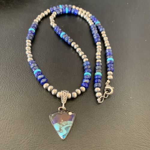 Men's Navajo Pendant | Blue Lapis Turquoise Opal Sterling Necklace 22" | Handmade Jewelry 13390