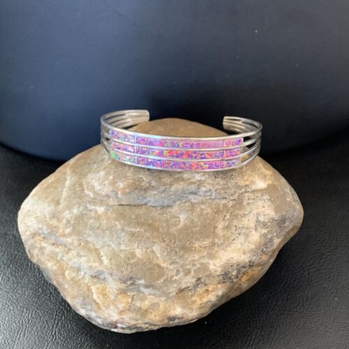 Native American Zuni Purple Opal Inlay Cuff Bracelet | Sterling Silver | 3 Row | 1643