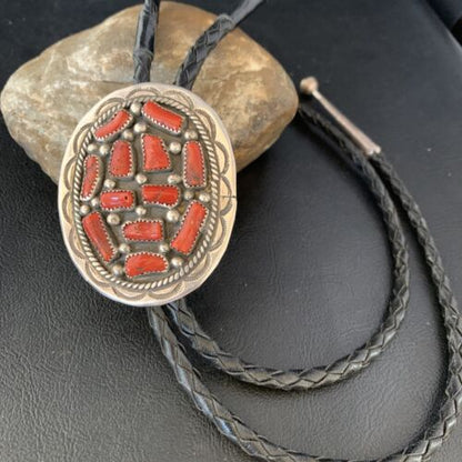 Navajo Men's Bolo Tie | Natural Red Coral Cluster | Sterling Silver | Authentic Native American Handmade | 13671