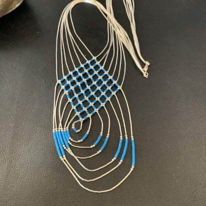 Navajo Turquoise Liquid Silver Heishi Necklace | 7 Strand | Sterling Silver Tubes | 18" | 12627