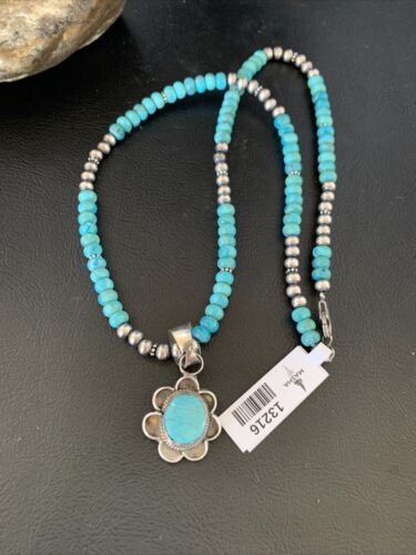 Navajo Blue Turquoise Pendant Necklace | Sterling Silver Pearls | Authentic Native American Handmade | 13216