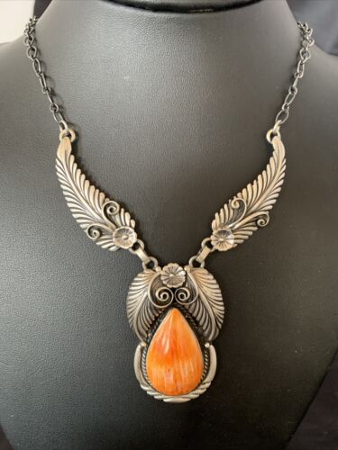 Navajo Orange Spiny Oyster Necklace & Earrings Set | Sterling Silver | Authentic Native American Handmade | 2104