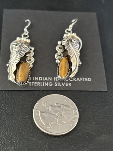Navajo Coffee Tigers Eye Dangle Earrings | Sterling Silver | Authentic Native American Handmade | 14759 - Masha USA