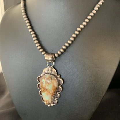 Men's Navajo Green Boulder Turquoise Pendant Necklace | Sterling Silver | Authentic Native American Handmade | 13661