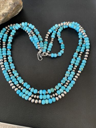 Navajo Blue Turquoise Sterling Silver Graduated Bib Necklace | 3-Strand | 22" | Authentic Native American | 02153