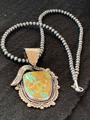 Navajo Royston Turquoise Pendant Necklace | Sterling Silver | Authentic Native American Handmade | 4126 - Masha USA