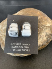 Navajo White Buffalo Turquoise Inlay Earrings | Sterling Silver | 0.50" | Authentic Native American Handmade | 12997