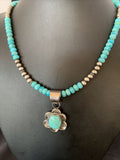 Navajo Blue Turquoise Pendant Necklace | Sterling Silver Pearls | Authentic Native American Handmade | 13220