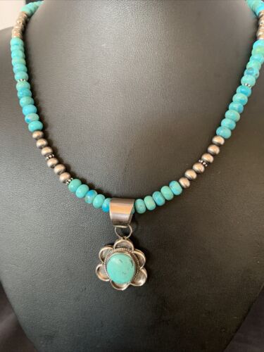 Navajo Blue Turquoise Pendant Necklace | Sterling Silver Pearls | Authentic Native American Handmade | 13220