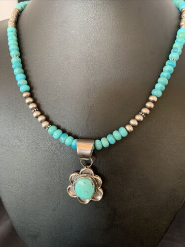 Womens Blue Turquoise Pendant Navajo Pearls Sterling Silver Necklace 13220