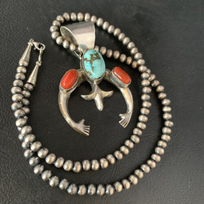 Navajo Pearl Necklace with Royston Turquoise & Coral Naja Pendant | Sterling Silver | 13645
