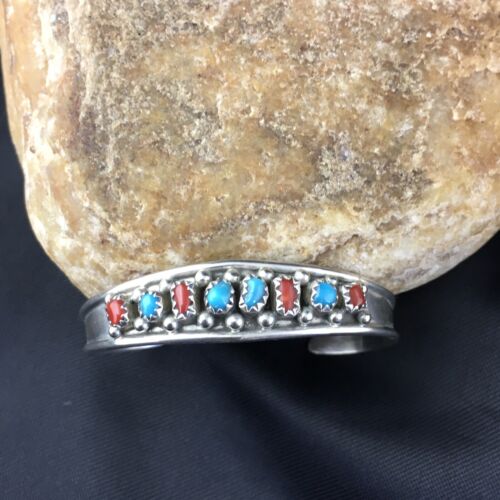 Navajo Children's Blue Turquoise Coral Cuff Bracelet | Sterling Silver | 4" | 10248