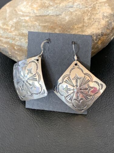 Native American Women's Dangle Earrings | Navajo Sterling Silver Stamped Handmade | 1656