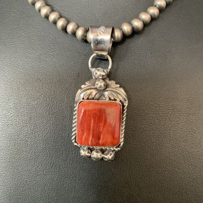 Navajo Red Spiny Oyster Square Pendant Necklace | Sterling Silver | Authentic Native American Handmade | 13634