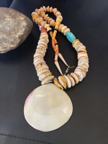 Native American Santo Domingo Necklace | Silver Shell Turquoise | 32" | 12060