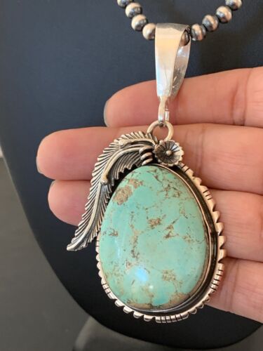 Men's Navajo Pearls | Sterling Silver | Blue Turquoise #8 Necklace & Pendant Set | 13749
