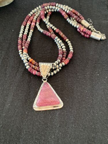 Navajo Purple Spiny Oyster Pendant Necklace | 3-Strand | Sterling Silver | Authentic Native American Handmade | 4107