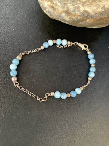 Navajo Blue Larimar Link Bracelet | Sterling Silver | 6mm | 8.5" | Authentic Native American Handmade | 14186
