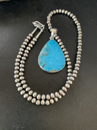 Navajo Pearls Blue Kingman Turquoise Necklace Pendant | Sterling Silver | Authentic Native American Handmade | 11809
