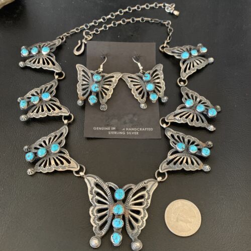 Navajo Butterfly Blue Kingman Turquoise Necklace Pendant Earrings Set | Authentic Native American Handmade | 13227