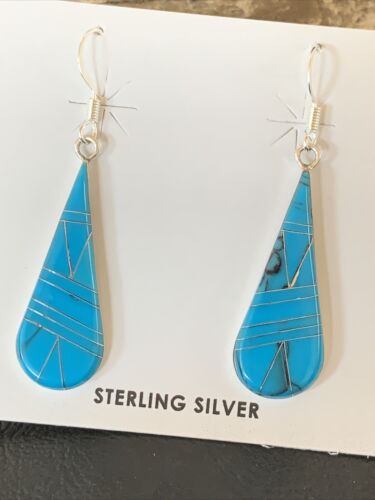 Navajo Blue Turquoise Inlay Dangle Drop Earrings | Sterling Silver | 1.5" | 12310