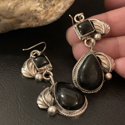 Southwestern Navajo Black Onyx Dangle Earrings | Sterling Silver | 1.5" | 1531