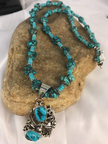 Navajo Kingman Turquoise Nugget Pendant Necklace | Sterling Silver | Multi-Stone | Southwestern Handmade