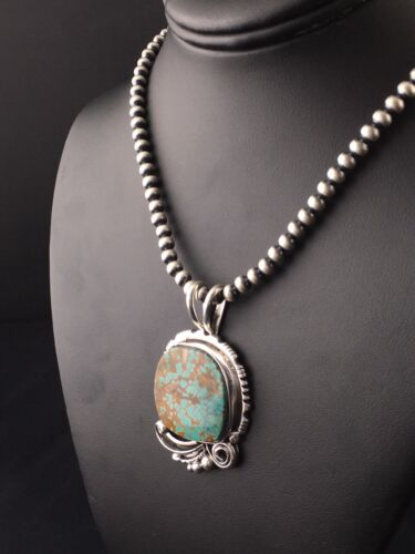 Navajo Blue #8 Turquoise Pendant Necklace Set | Sterling Silver | 2.25" | Authentic Native American Handmade | 10159