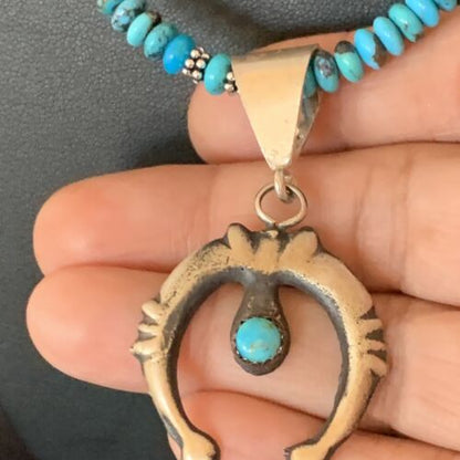 Navajo Sterling Silver Blue Turquoise Pendant Necklace | 6mm Beads | 24" | Authentic Native American Handmade | 12776
