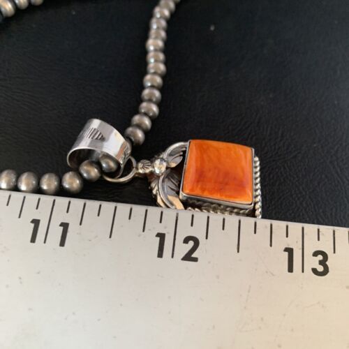 Navajo Orange Spiny Oyster Pendant | Sterling Silver Square Necklace | Authentic Native American Handmade | 13641