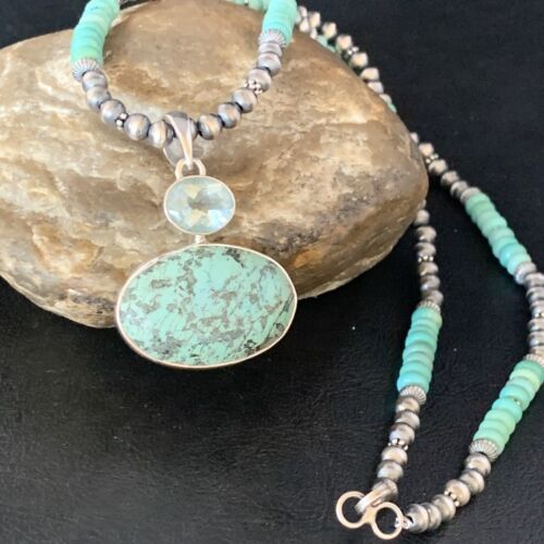 Navajo Pearls Necklace with Blue Spiderweb Turquoise Pendant | Sterling Silver | 13910