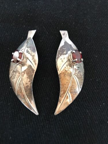 Handmade Feather Garnet Earrings | Old Pawn Sterling Silver | 2" | 13064