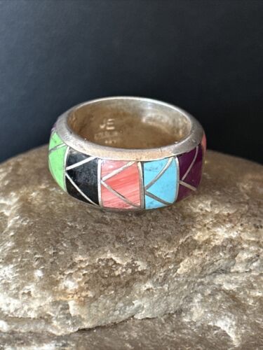 Navajo Multi-Color Blue Turquoise Gaspeite Inlay Sterling Silver Ring | Sz 11 | 14503