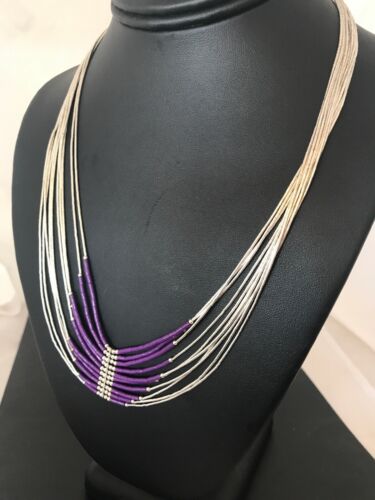Native American Sugilite Heishi Tubes Necklace | 10 Strand Liquid Sterling Silver | 8558