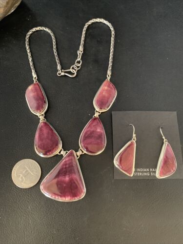 Navajo Purple Spiny Oyster Necklace Choker Earrings Set | Sterling Silver Pendant | 20" | Authentic Native American Handmade | 13792