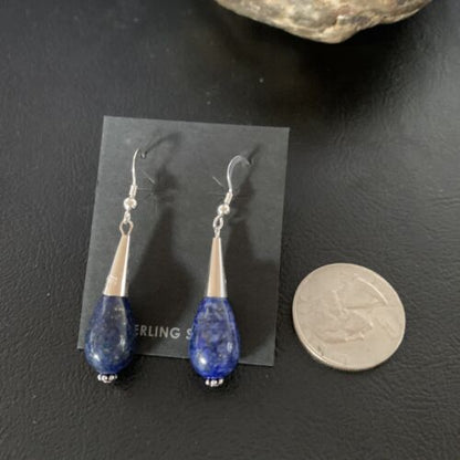 Navajo Lapis Lazuli Bead Dangle Earrings | Sterling Silver | 1" | Authentic Native American Handmade | 13330