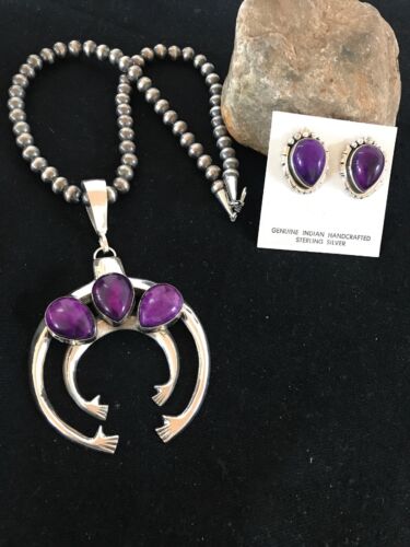 Navajo Pearl Sugilite Naja Necklace Pendant Earring Set | Yazzie | Authentic Native American Sterling Silver | Handmade Set | 3894