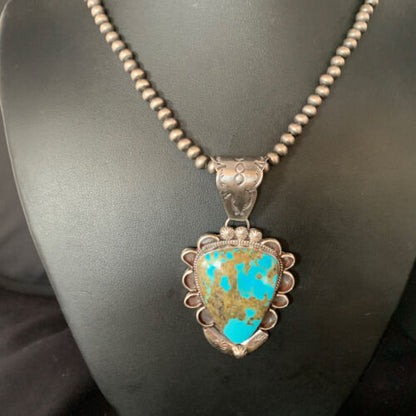 Men's Kingman Blue Turquoise Necklace | Sterling Silver | 3" Pendant | Authentic Native American Handmade | 13995