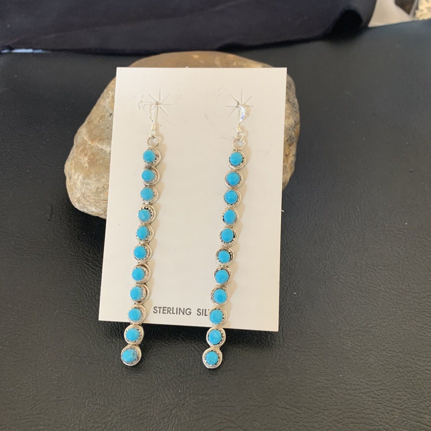 Navajo Green Turquoise Dangle Earrings | Sterling Silver | 3" Long | Authentic Native American Handmade | 12119