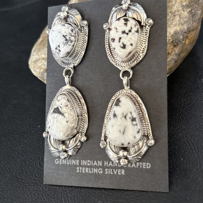 Navajo White Buffalo Turquoise Dangle Earrings | Sterling Silver | 2.5" | Authentic Native American Handmade | 14739