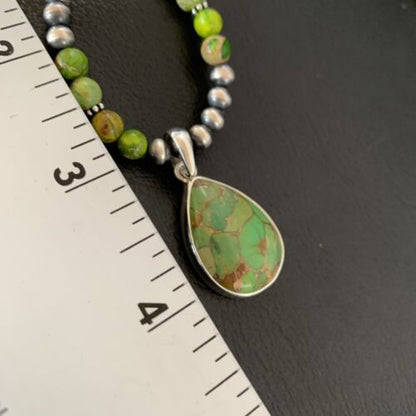 Navajo Pearl Necklace with Green Mojave Turquoise Pendant | Sterling Silver | Authentic Native American Handmade | 11759