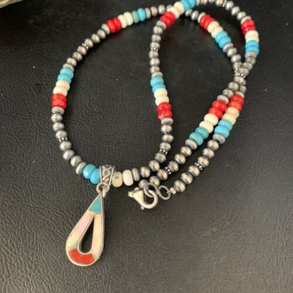 Navajo Pearls Wild Horse Turquoise Necklace Inlay Pendant | Sterling Silver | Authentic Native American Handmade | 13885