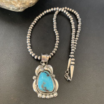 Men's Navajo Pearls Necklace | Sterling Silver Blue Kingman Turquoise Pendant | Native American | 12598