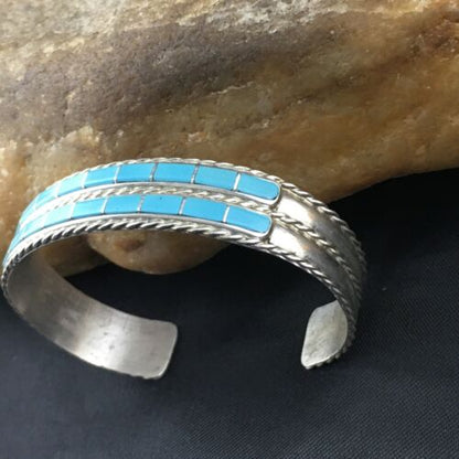 Navajo Blue Turquoise Inlay Cuff Bracelet | Sterling Silver | Authentic Native American Handmade | 1974