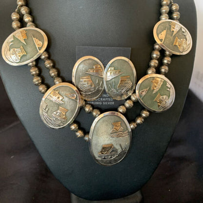 Navajo Gold Filled Sterling Silver Concho Pottery Pendant Necklace Earrings Set | Native American Handmade | 12367