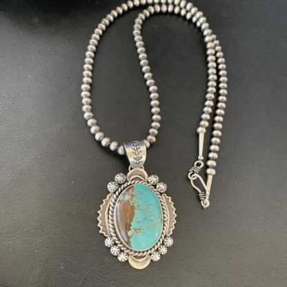 Men's Navajo Pearls Necklace | Sterling Silver | Blue #8 Turquoise Pendant | Authentic Native American Handmade | 10867
