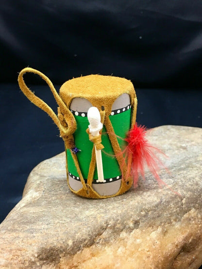 Handmade Miniature Leather Drum Car Charm | 2" Mirror Dangler | Authentic Native American | 8929