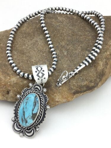 Navajo Blue Turquoise Pendant Necklace | Sterling Silver | 2.75" | Authentic Native American Handmade | 1302