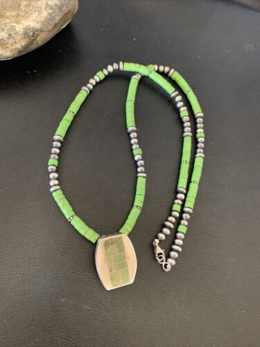Navajo Green Gaspeite Turquoise Pendant | Sterling Silver | Authentic Native American Handmade | 12345