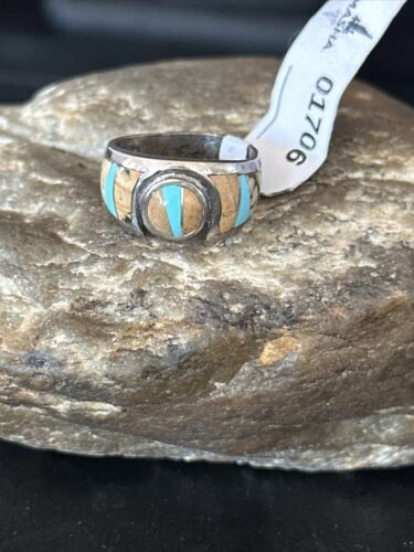Navajo Picture Jasper Turquoise Inlay Ring | Sterling Silver | Sz 6 | Authentic Native American Handmade | 01706
